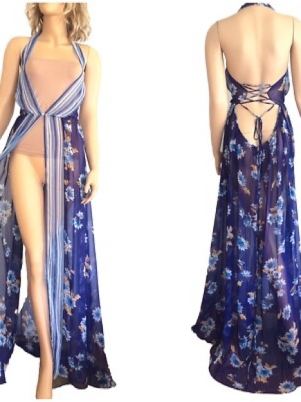 Victoria Secret Blue Floral Halter Maxi Dress with Open Lace-Back